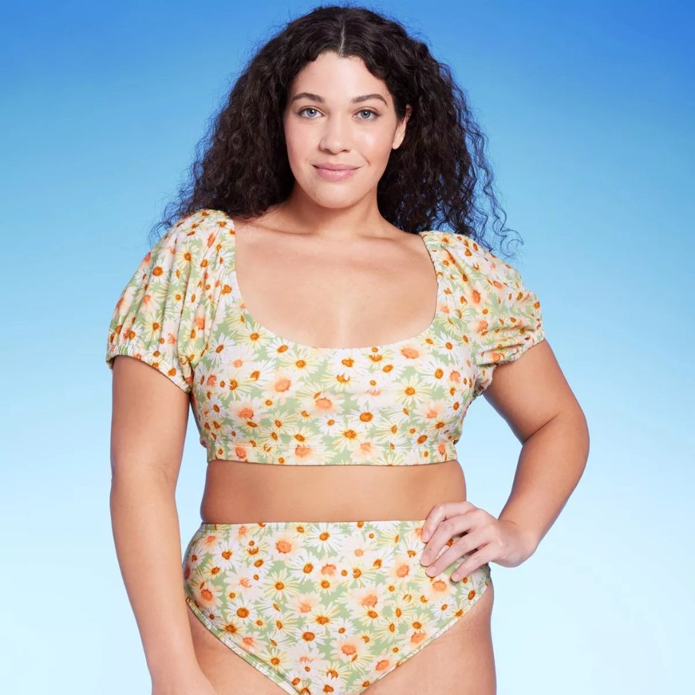 WILD FABLE 2 PC BIKINI - PLUS - GREEN DAISY DUKE - PUFF SLEEVE - CHEEKY - 1X NWT